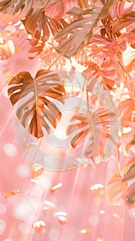A pattern of magenta leaves on a peach background, resembling a painting