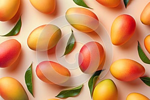 Pattern with mango, top view, flat lay. Tropical abstract background. Ripe juicy mangoes, pastel background. Colorful fruit