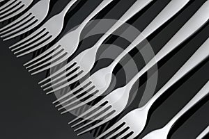 Pattern with many silver forks on black mirror background. Concept,