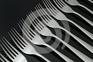 Pattern with many silver forks on black mirror background. Concept,