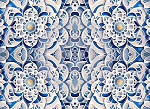 Rapport of rosettes ornaments in white and blue indigo tapestry pattern. Generative AI. Pattern mirrored repeat duplicates photo