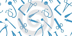 Pattern of medical instruments on a white background.