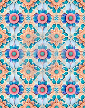 Pattern mirror of flowers mandalas with texture and leaves orange and blue background. Rapport mirrored repeat for background. photo
