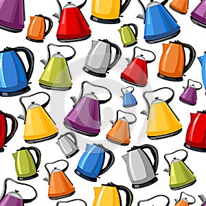 Pattern of modern, bright green, orange, silver, blue, red, yellow Kettles, electric teapots isolated cartoon flat set