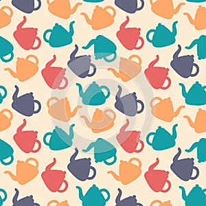 Pattern of multi-colored silhouettes of a teapot. Kettle. Kitchen seamless print for tea party. Kitchenware. Utensils.