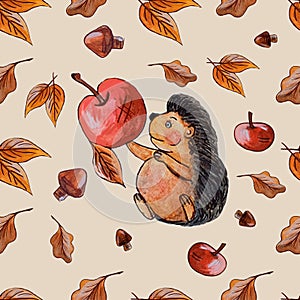 Pattern Mushrooms, autumn leaves, apples. Hedgehog with an appleVector composition seamless pattern