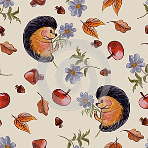 Pattern Mushrooms, autumn leaves, apples. Hedgehog with flowersVector composition seamless pattern