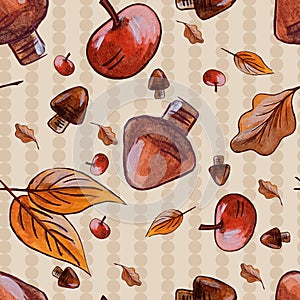 Pattern Mushrooms, Autumn leaves, apples Vector composition seamless pattern