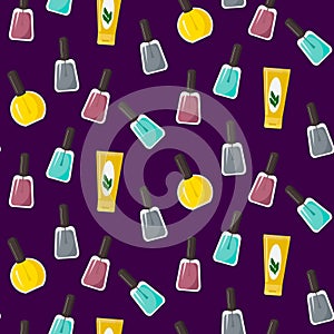 Pattern with nail polish, tube cream and oil. Multi-colored nail polish bottles.