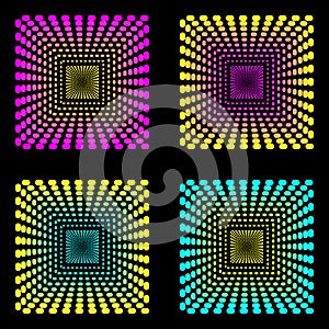 Pattern with neon geometric pattern of squares on a black background