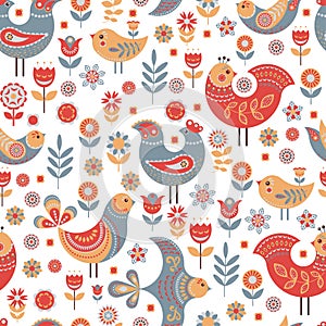 Pattern Nordic Style With Flowers and Birds.