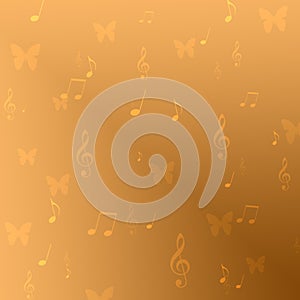 A pattern of notes, violin clefs and butterflies on a yellow brown background. Raster illustration