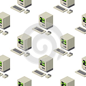 Pattern of old computers in isometry on a white background. Vector