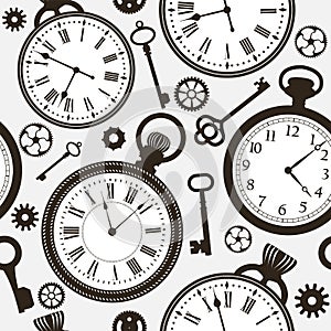 Pattern with old and modern clock faces and keys.