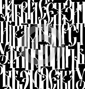 Pattern from the Old Russian font. Vector. Cyrillic white letters on a black background. Neo-Russian style of the 17-19th century.