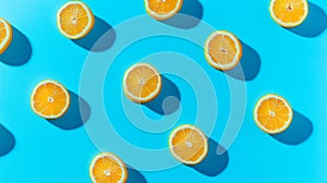 Pattern with orange slices arranged on a light blue background. Generative AI