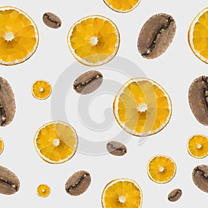 Pattern of orange slices and coffee beans. Seamless orange and coffee background