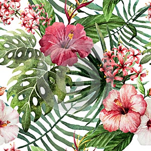 Pattern orchid hibiscus leaves watercolor tropics