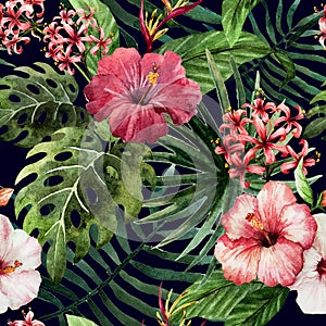 Pattern orchid hibiscus leaves watercolor tropics
