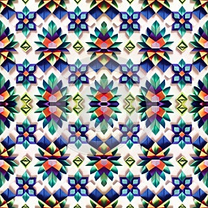 Wallpaper of colorful Origami rosettes floral tapestry pattern. Pattern mirrored repeat duplicates background. Generative AI photo