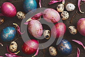 Pattern of painted colorful Easter eggs with golden spots