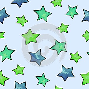 Pattern with painted green and blue stars on alight blue background. Clothes print.