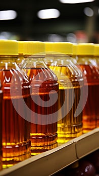 Pattern of palm oil bottles in a supermarket, symbolizing sustainable consumption