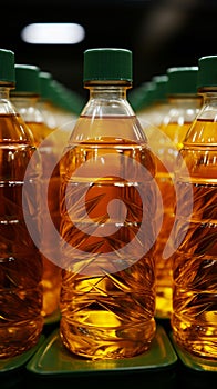 Pattern of palm oil bottles in a supermarket, symbolizing sustainable consumption