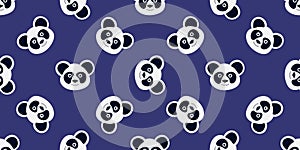 Pattern with Panda head on purple background. Muzzle of cute black white Chinese Bear. Seamless print with wild animal