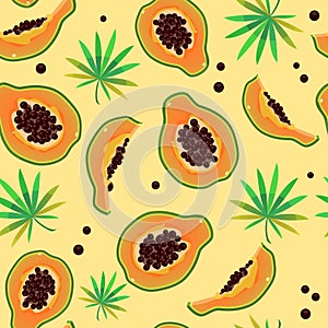 Pattern of papaya with green leafs set on yellow background