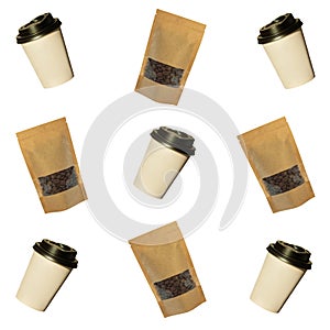 Pattern of paper cups and pouch bags with coffee beans isolated on a white background