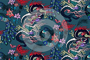 Pattern of peacock and asian dragon.