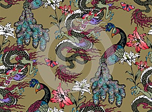 Pattern of peacock and asian dragon.