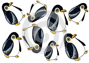 A pattern of penguins of different sizes randomly scattered on a white background.