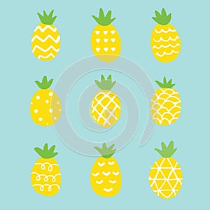 The pattern of pineapple. the backgroung of pineapple on the blue color .many type of pineapple hand draw cute pineapple in flat