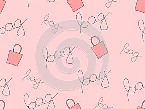 Pattern with pink bags on a light pink background. Pattern with the word bag. Lettering. Shopping bags seamless pattern