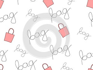 Pattern with pink bags on a white background. Pattern with the word bag. Lettering. Shopping bags seamless pattern