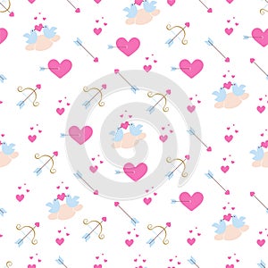 Pattern with pink hearts, birds and arrows