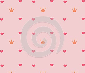 Pattern of pink hearts and golden yellow crowns on a light pink background, vector image