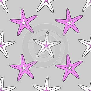 Pattern with pink and white starfish in doodle style on gray background.