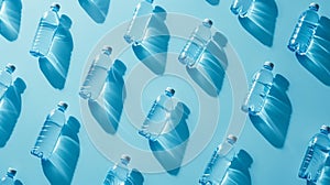 Pattern from Plastic bottles with water at sunlight with beautiful sun shadow on white background. Clean drinking water