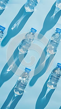 Pattern from Plastic bottles with water at sunlight with beautiful sun shadow on white background. Clean drinking water