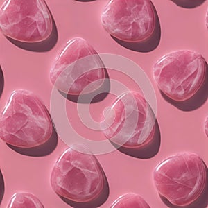 Pattern of polished pink stones with smooth surfaces arranged on a matching pink background casting soft shadows for an elegant
