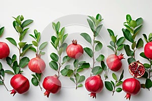 Pattern of Pomegranates With Leaves on White Background A group of pomegranates, complete with leaves, arranged neatly on a white