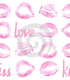 Pattern prints of pink female lips, lipstick, pink with hand drawn lettering love.