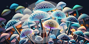 Pattern of psychedelic opalescent fluorescent mushrooms. Close-up horizontal background