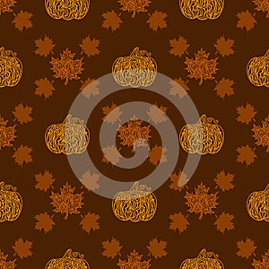 A pattern of pumpkins and maple leaves. Thanksgiving Day. Vector