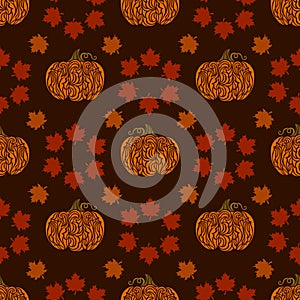 A pattern of pumpkins and maple leaves. Thanksgiving Day. Vector