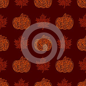 A pattern of pumpkins and maple leaves. Thanksgiving Day. Vector