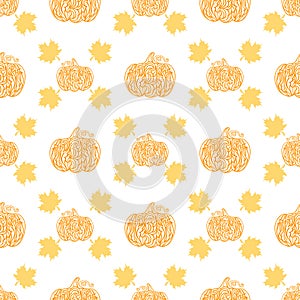 A pattern of pumpkins and maple leaves. Thanksgiving Day. Vector